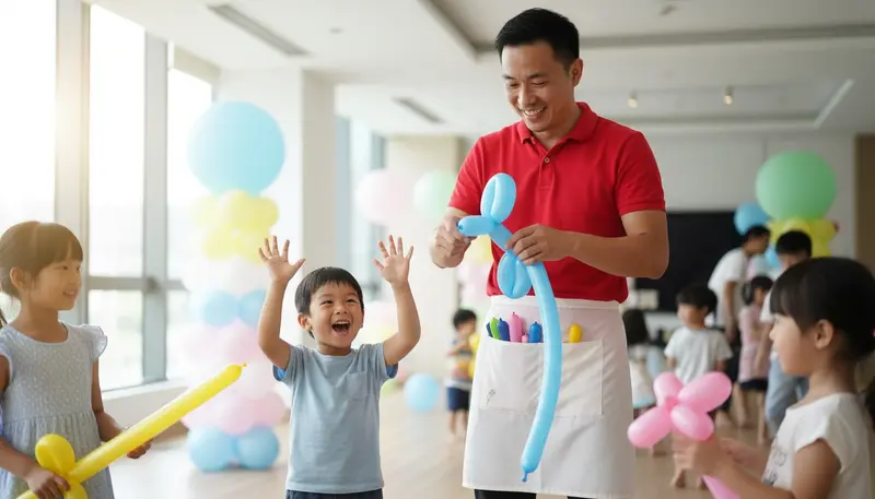 Balloon artist in Singapore twisting a balloon dog for a child at a birthday party