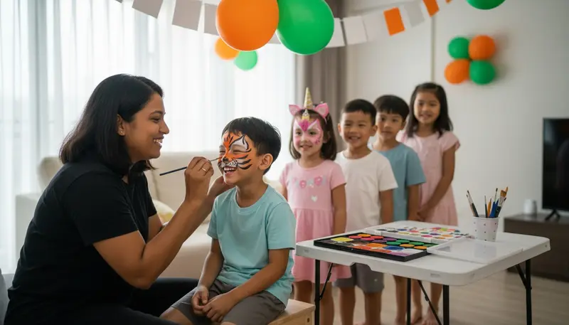 Face painter at a kids birthday party in Singapore finishing a tiger face on a boy while other children queue