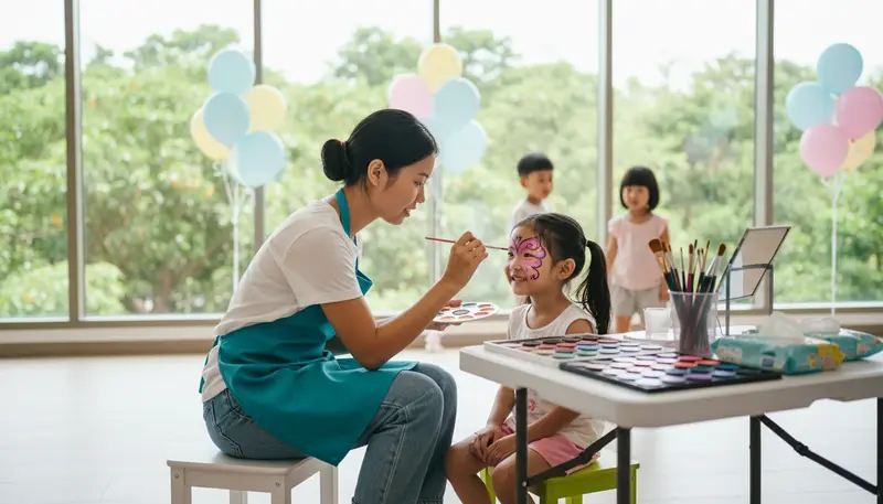 Face painter in Singapore painting a colourful butterfly design on a smiling girl's face at a birthday party