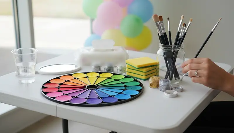 Face painter's kit on a folding table with round face paint cakes, brushes, sponges and glitter pots set up for a party