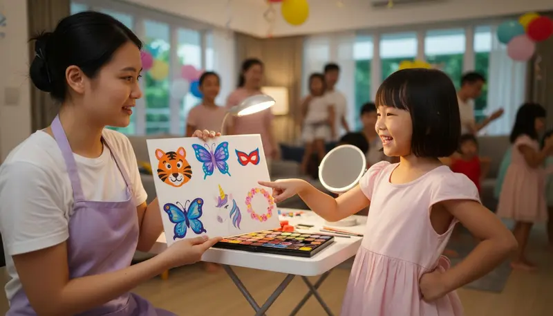 Face painter showing a girl a picture board of designs to choose from before painting at a party in Singapore