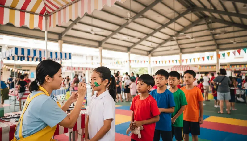 Face painting station at a school carnival in a covered school hall in Singapore, with children waiting their turn