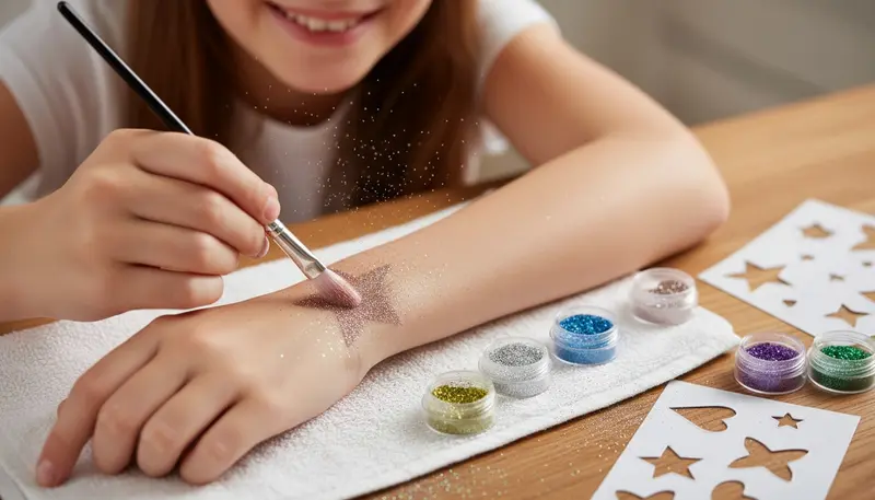 Gold glitter brushed over a star stencil glitter tattoo on a girl's forearm, with glitter pots and stencil sheets on the table