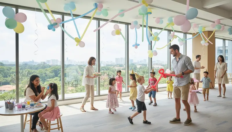 Kids birthday party in Singapore with a face painting corner and a balloon twisting corner running at the same time