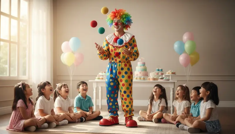 Party clown in Singapore playing a game with laughing children sitting on the floor at a birthday party