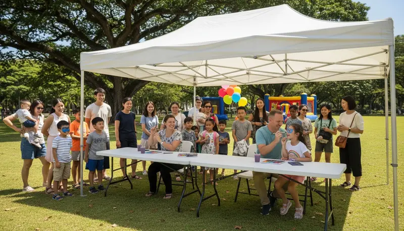 Two face painters working side by side under a white tent at a corporate family day in Singapore
